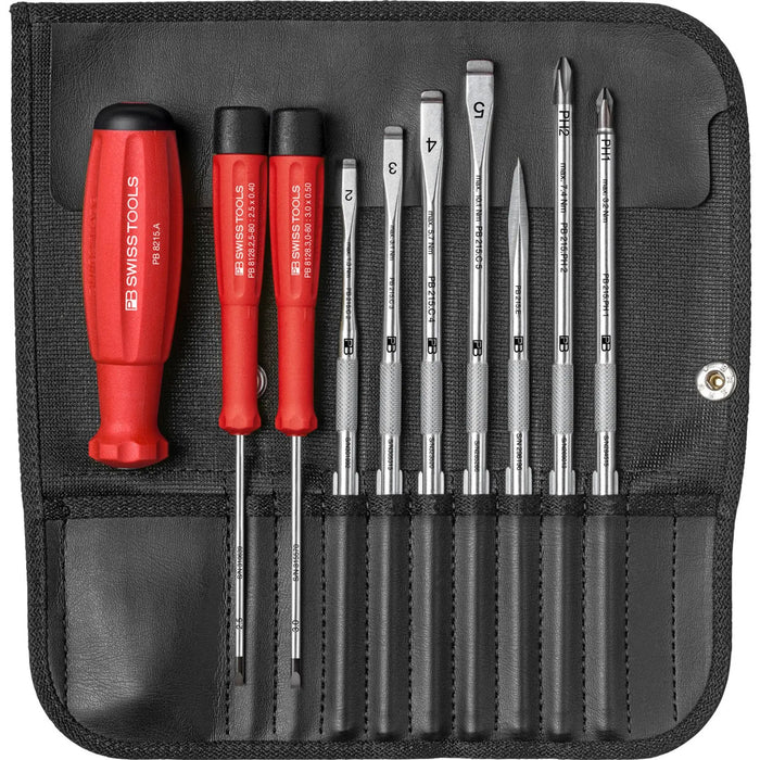 PB Swiss SwissGrip screwdriver set with interchangeable blades in a compact imitation leather roll-up case
