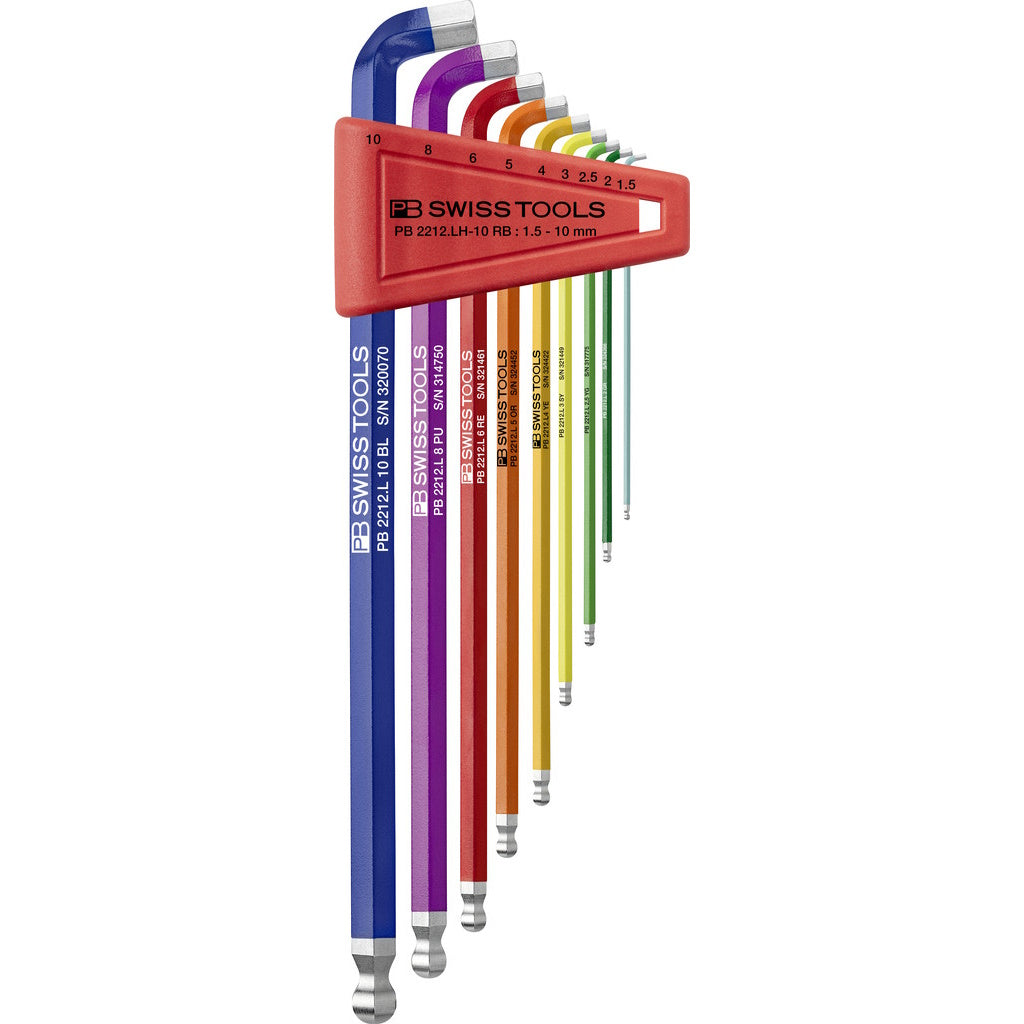 PB Swiss Tools  2212.LH-10 RB
Rainbow L-key set, 100° angle, long, Inbus with ball end, 1,5-10 mm