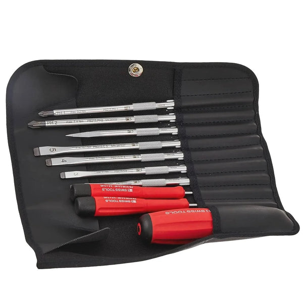 PB Swiss SwissGrip screwdriver set with interchangeable blades in a compact imitation leather roll-up case