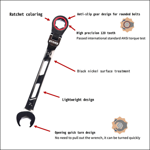 UTOKU 10 mm Patent-Precision 120-tooth Anti-slip Ratchet Wrench (Lightweight/Extreme Black Nill)
UT-FXGQ-10