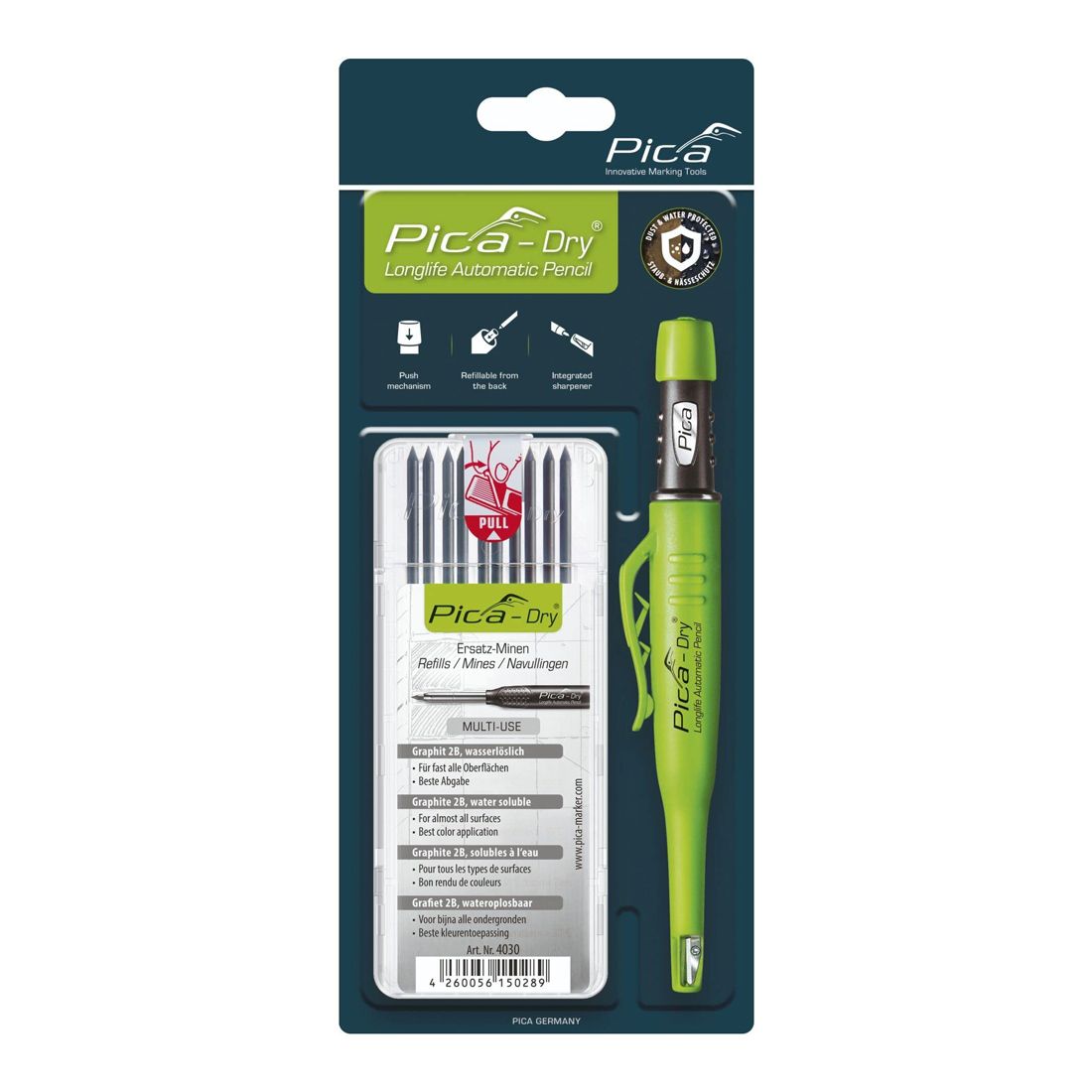 Pica DRY Automatic Pencil + Pica DRY Refill Set, Graphite 2B (10 Leads)