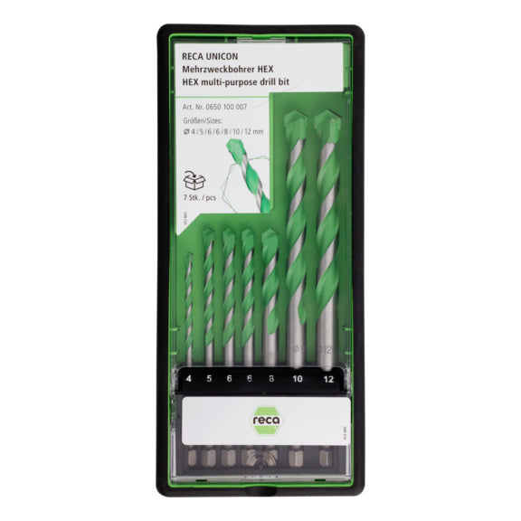 RECA UNICON HEX multi-purpose drill bit box, seven pieces.