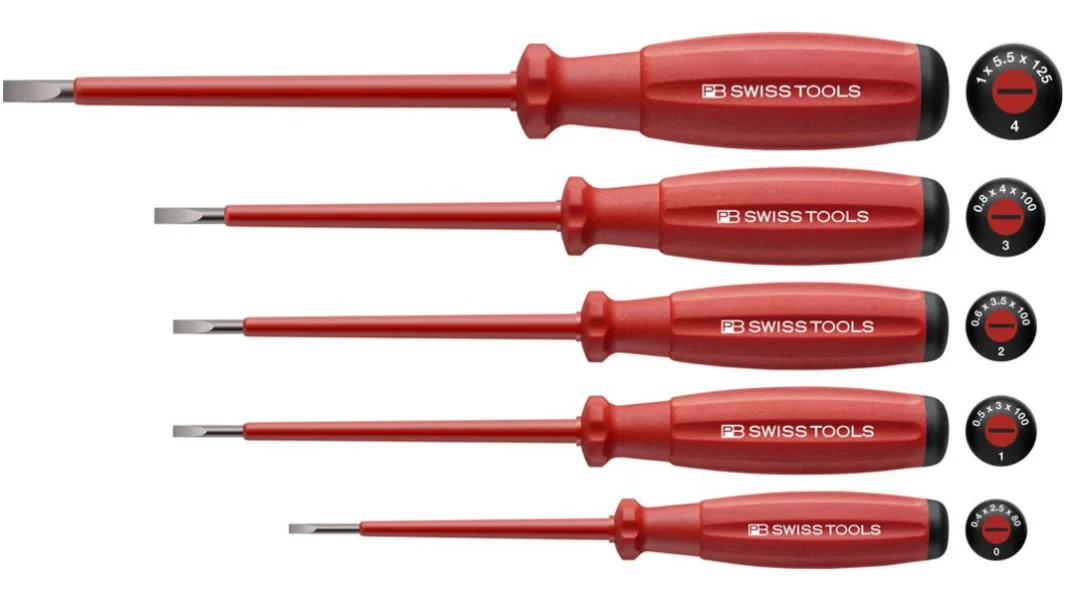 PB Swiss Tools Screwdriver Set Slotted with SwissGrip VDE Handle 1000V Insulated 2.5mm-5.5mm 5-Piece