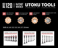 7 Size Combination set UTOKU Patent Precision 120-tooth Anti-slip Ractchet/Plum Wrench - Made in Taiwan